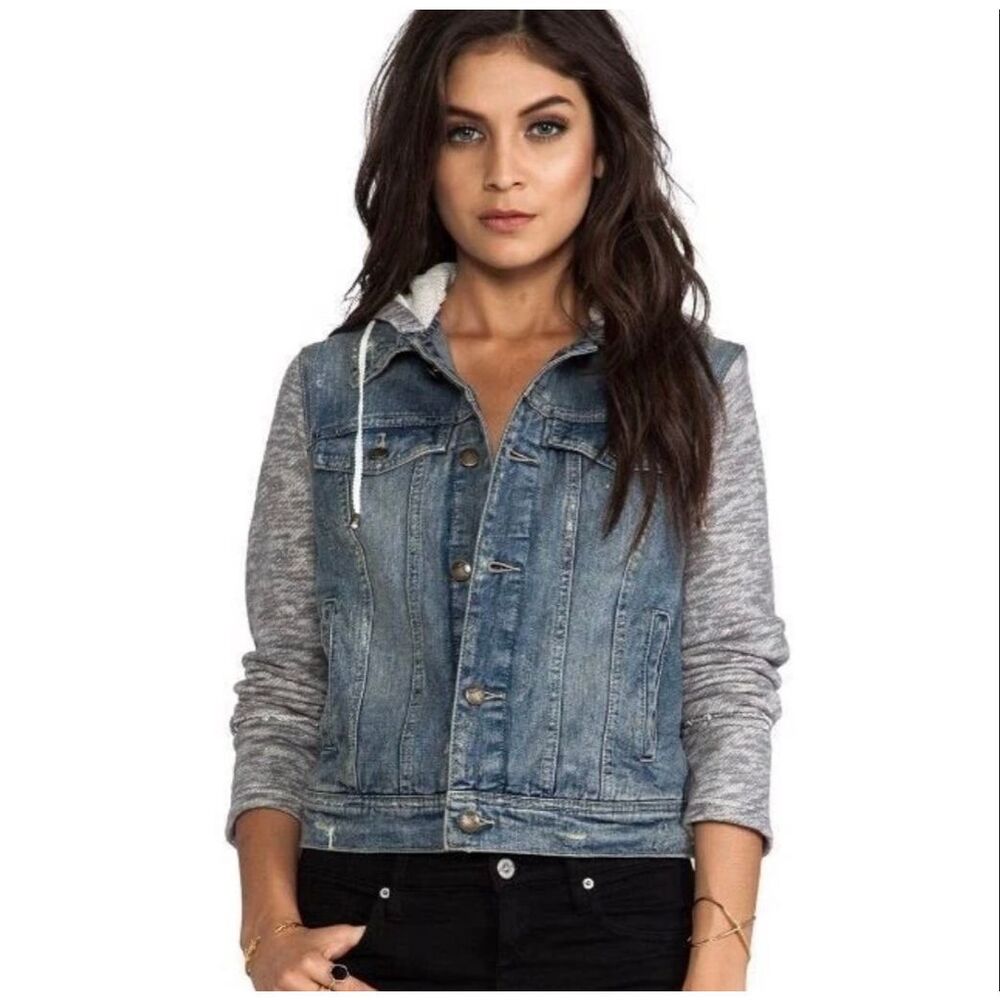 Free People Hooded Denim Jacket With Knit Sleeves Womens’s Size Small
